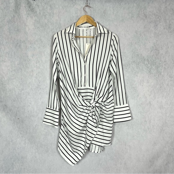 White and black strip button down long sleeve shirt wrap dress linen - Picture 3 of 13